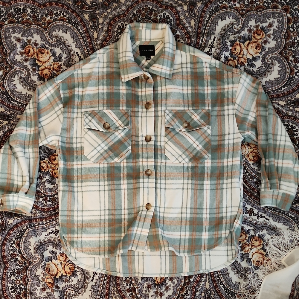 Tahari Green and Orange Plaid Shirt